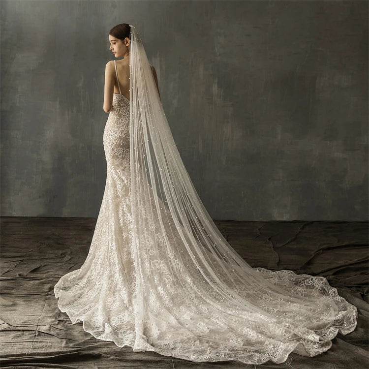 2023 Europe and the United States New Hand-sewn Hair Comb Pearl Long Tail Soft Yarn Bride Church Wedding Veil
