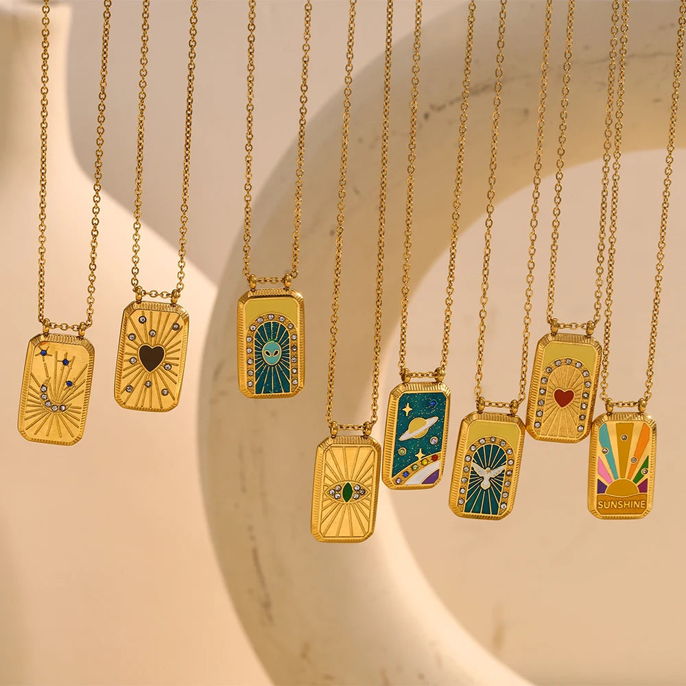 Dreamidea 18K Gold Plated Stainless Steel Rectangular Zircon Tarot Pendant Necklace Exquisite and Mysterious for Women