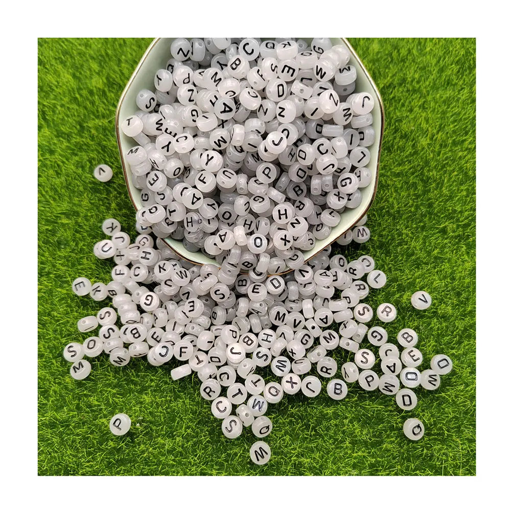 New Arrival 7MM Luminous Single Acrylic Letter Beads Black Round Flat Loose Alphabet Acrylic Beads With Large Hole