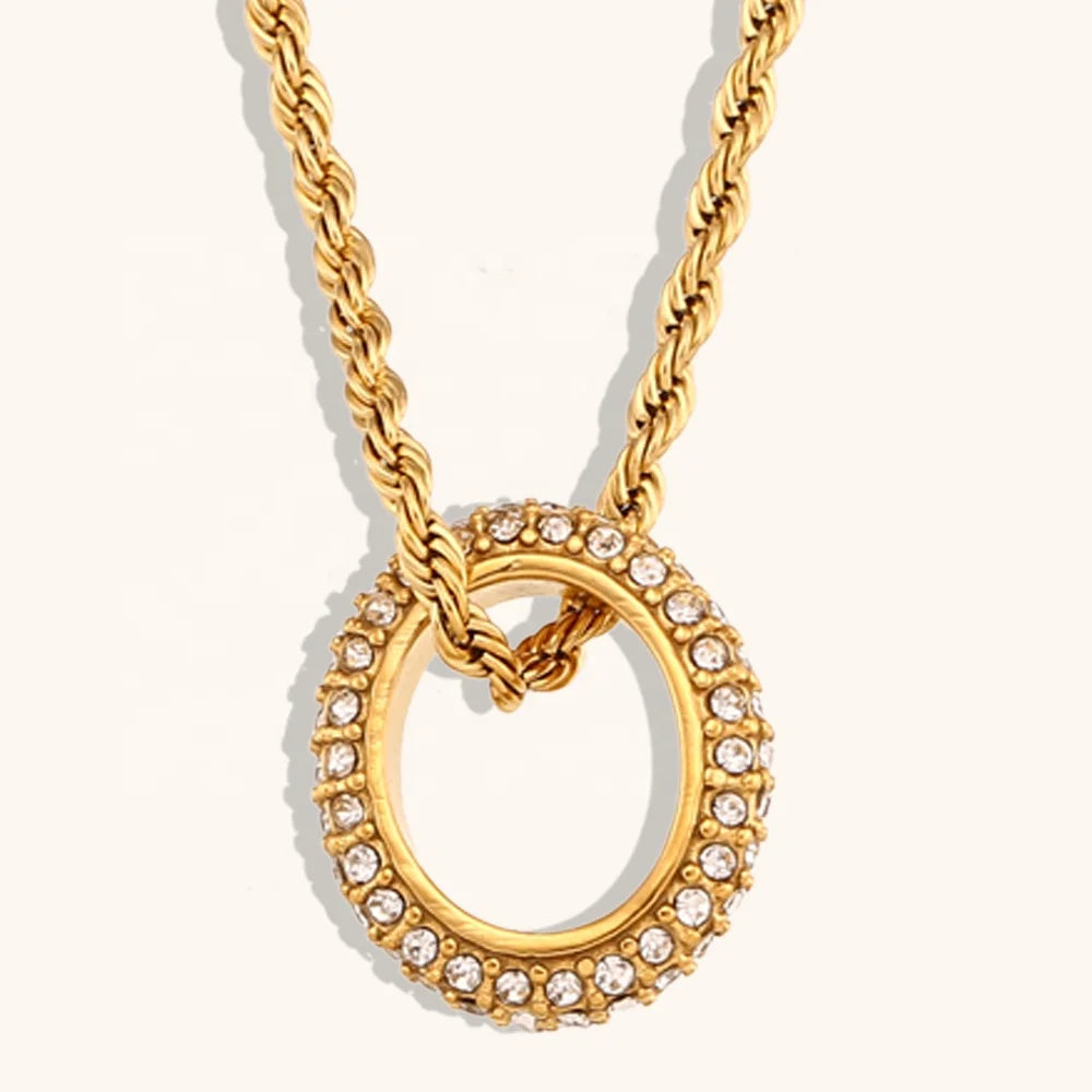 Dingran Stainless Steel Gold Plated Jewelry Waterproof Zircon Twisted Rope Chain Pendant Necklace