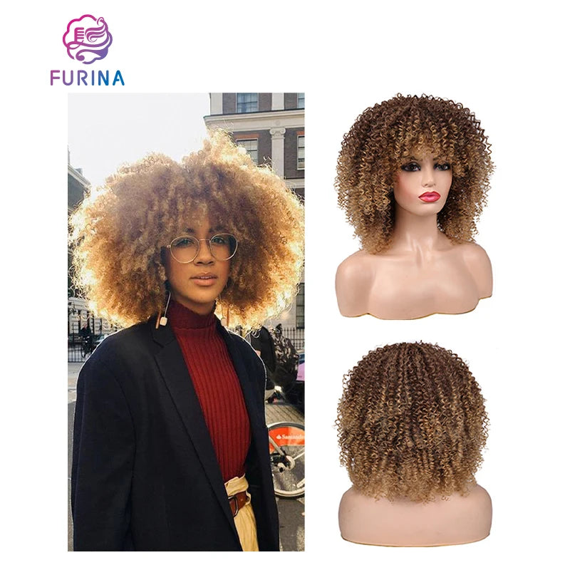 Popular Wig Short Afro Kinky Curly Ombre Brown Synthetic Wigs for Women Daily Life