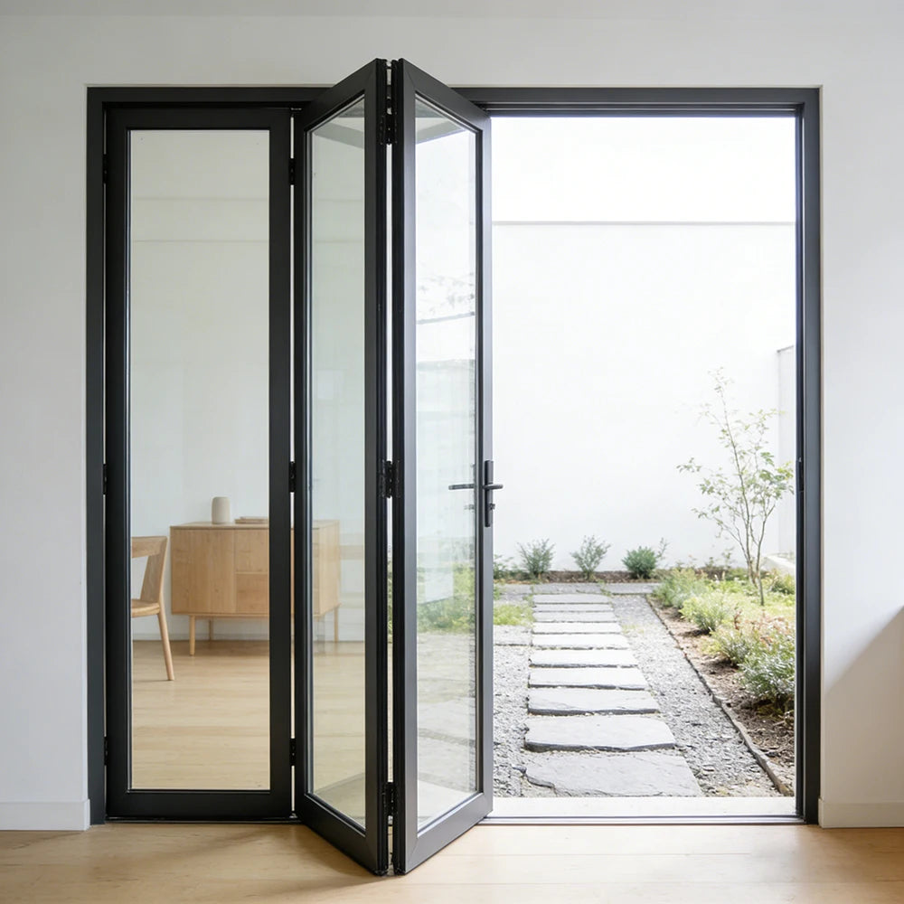 Soundproof Thermal Break Folding Glass Door 3 Panel Patio Residential Aluminum Glass Folding Door With Insulated Glass