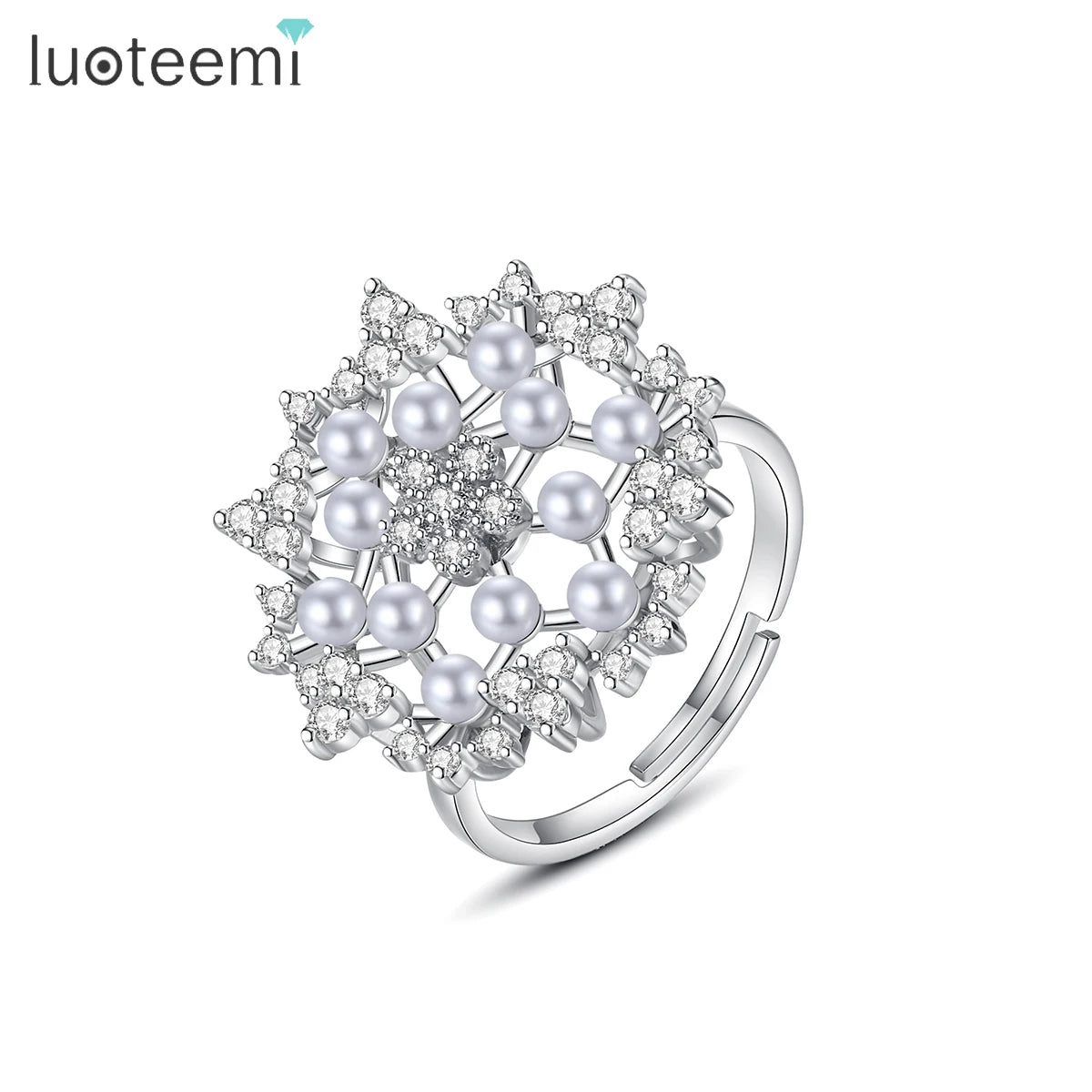 LUOTEEMI Popular Cubic Zirconia New Luxury Micro Statement Finger Rings for Woman Adjustable Pearl Ring
