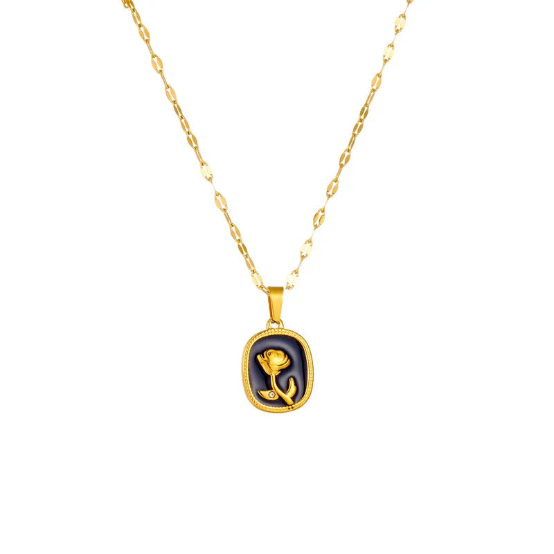 316 Stainless Steel Fashion Black Rose Pendant Necklace 14K/18K Gold Plated PVD Flower Charm for Valentine Day Accessory Schmuck