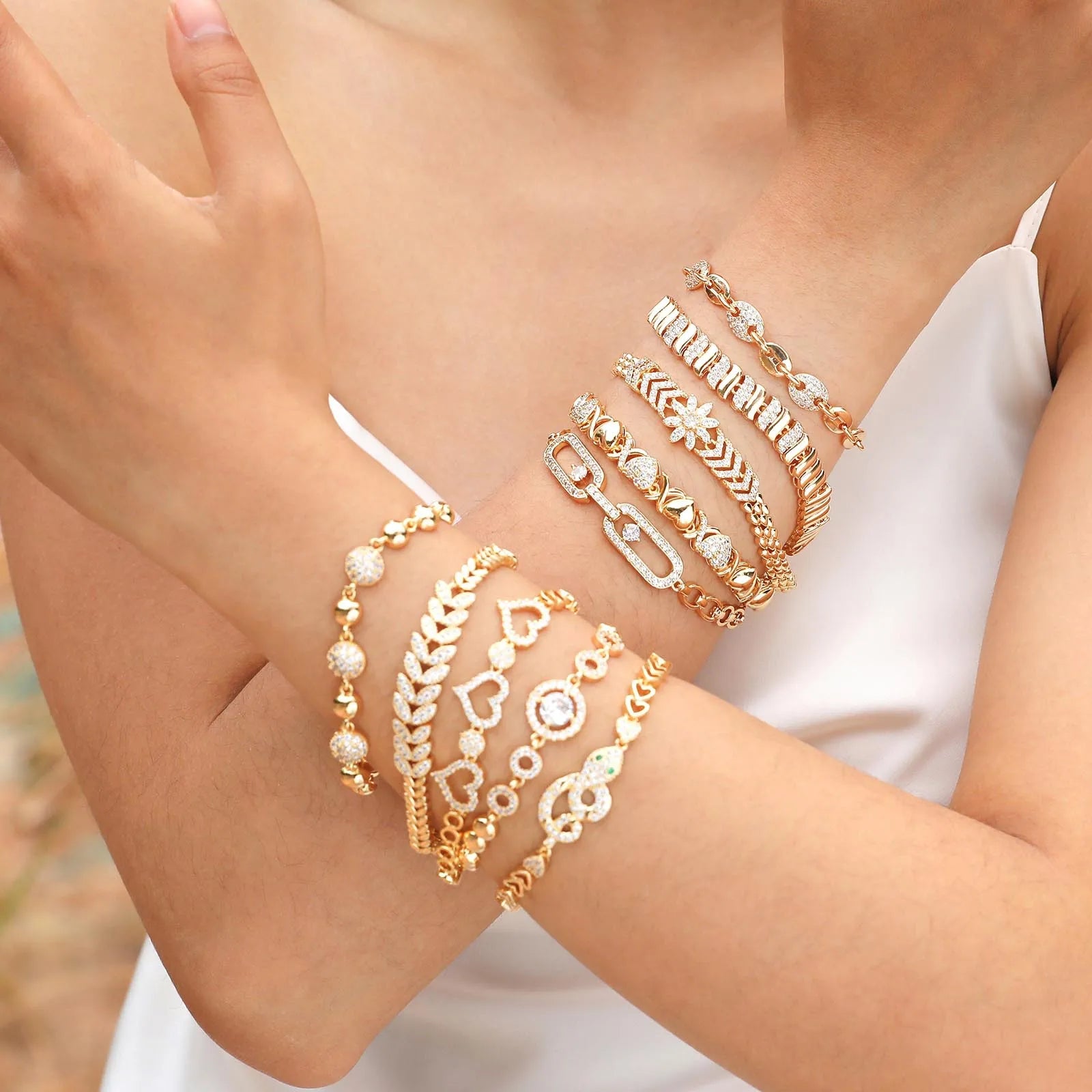 Bridal Wedding Engagement Bride Copper Gold Plated Zircon Beads Paved Hand Bangle Bracelet Jewelry