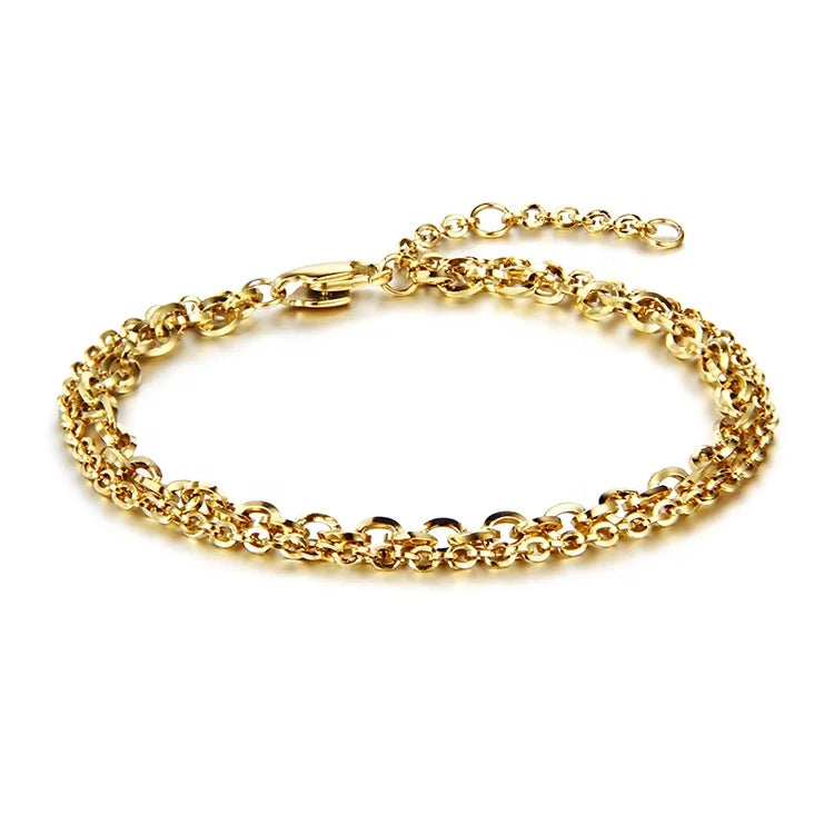 2021 Hot Selling Stainless Steel Bracelet Gold Oval Double Chain Adjustable Double Layer Chain  Bracelet for Women
