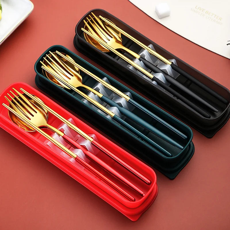 Creative Portable Travel Stainless Steel Flatware Set Chopsticks Fork Spoon Three-piece Set with Box and Net Bag