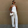 Enyami OEM ODM Summer Women Chic Crepe Fabtic Matching Suit Halter Lace-up Sleeveless Tank Top Straight Pants Co Ord Sets