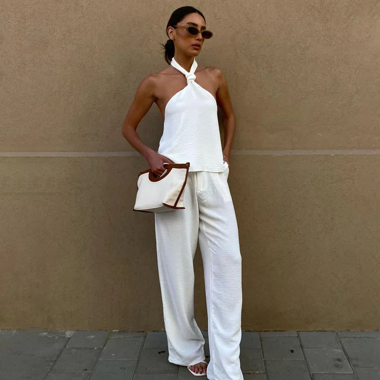 Enyami OEM ODM Summer Women Chic Crepe Fabtic Matching Suit Halter Lace-up Sleeveless Tank Top Straight Pants Co Ord Sets