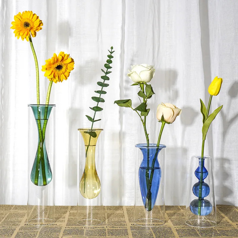 Nordic Simple Clear Transparent Handmade Double-layer Glass Vase Mid Century Modern Design Personalized Floor Vase Flower Grower