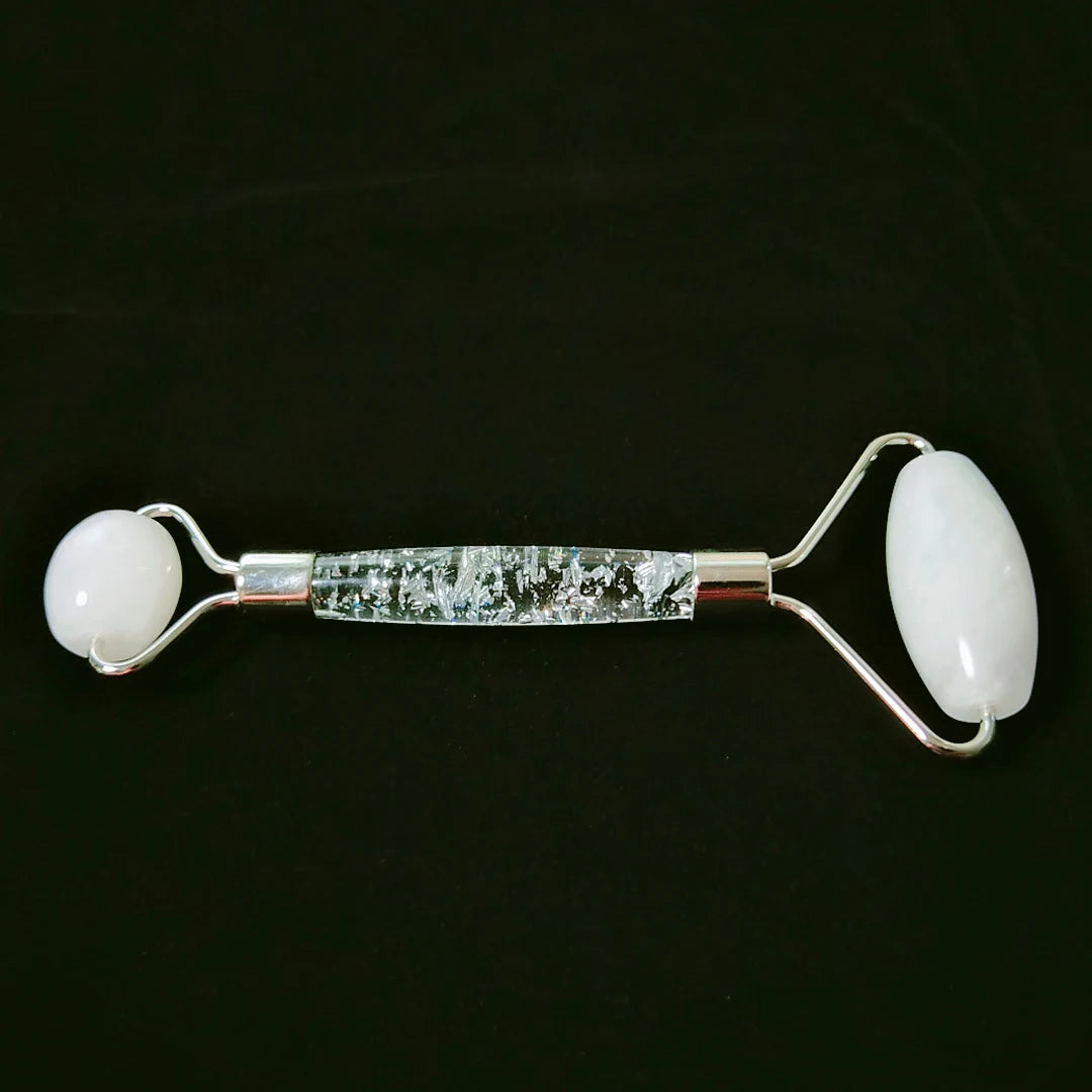 HY White jade handle natural stone material handheld facial double roller flower handle for slimming face