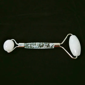 Huiying White jade handle natural stone material handheld facial double roller flower handle for slimming face