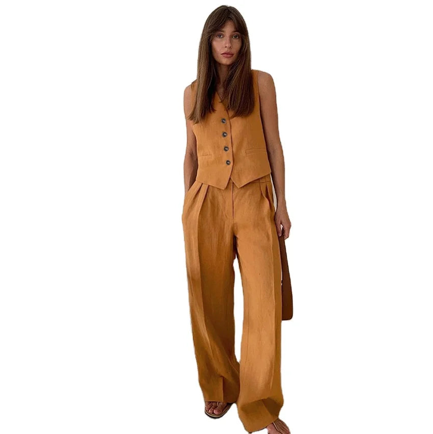 Wholesale Solid Color Wide Leg Pants Set Two Piece Summer Set Womens Pants and Vest Set Trending Outfits for Women 2024