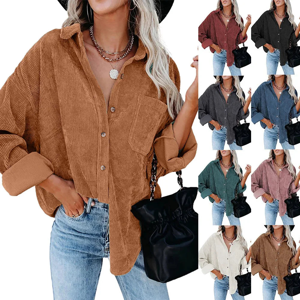 2025 Women's Long Sleeve Button Shirt Shacket Jacket Breathable Spring Corduroy Outerwear Casual Spring Fall