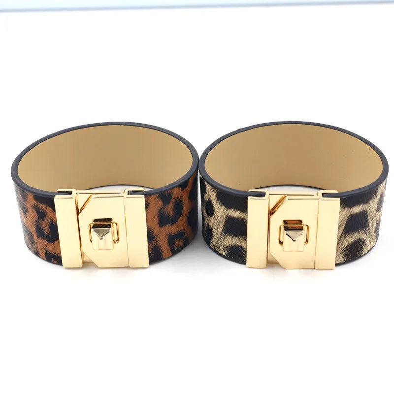 Jachon Fashion Leopard Print PU Wide Leather Bracelet Women Bracelet Exaggerated Leather Metal Bracelet
