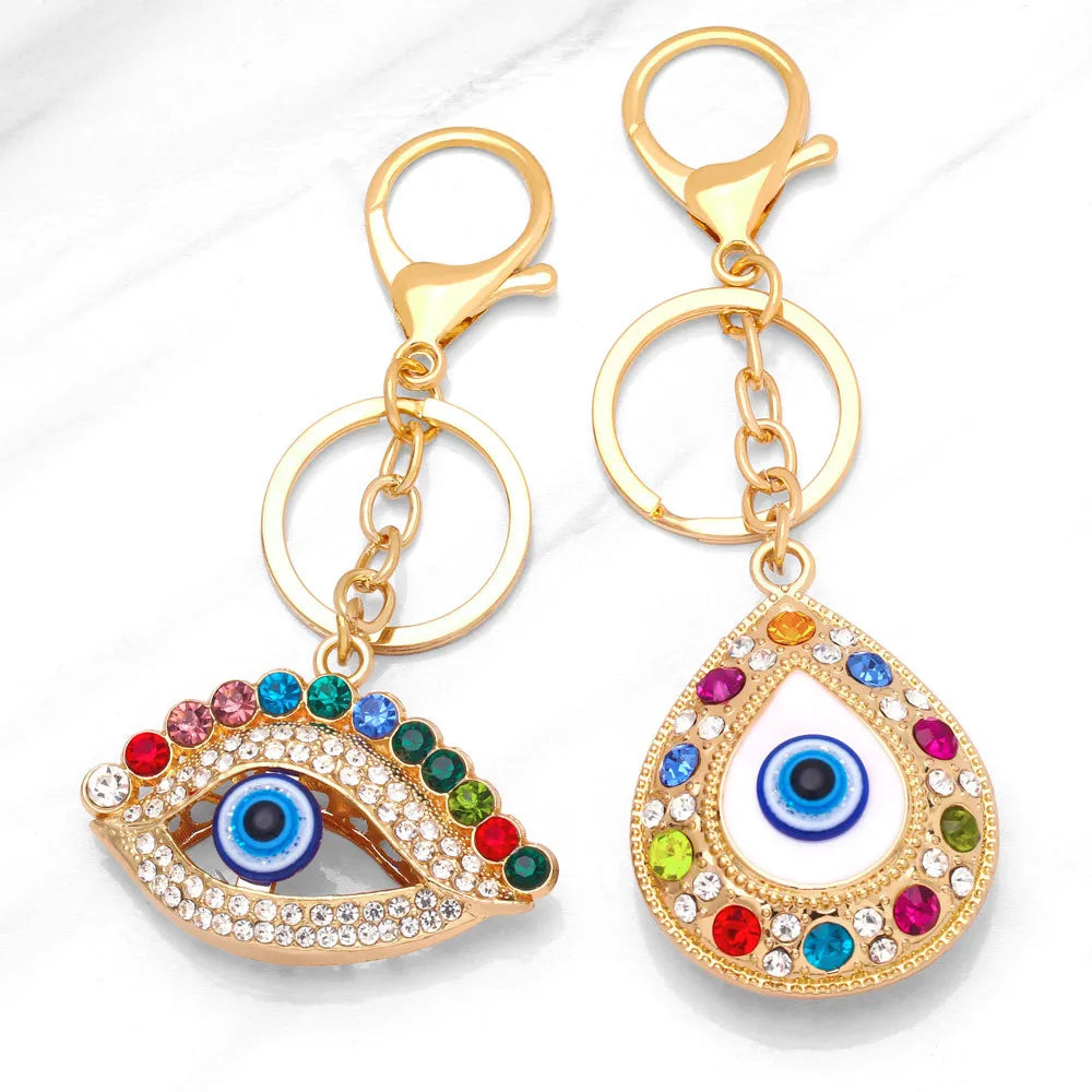 Ins Fashion Gold Plated Crystal Hamsa Hand Car Keychain Colorful Rhinestone Evil Eyes Key Chain for Gift