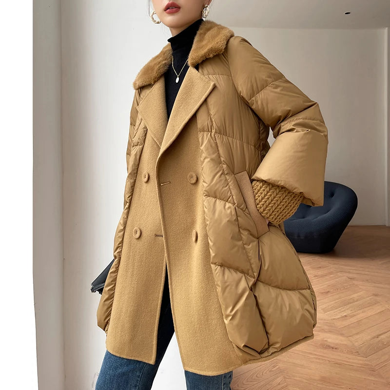 2024 New Autumn Women's Loose Pumpkin Style Goose Jacket Spliced with Mink Fur Collar Middle-Length Woolen Coat for Winter