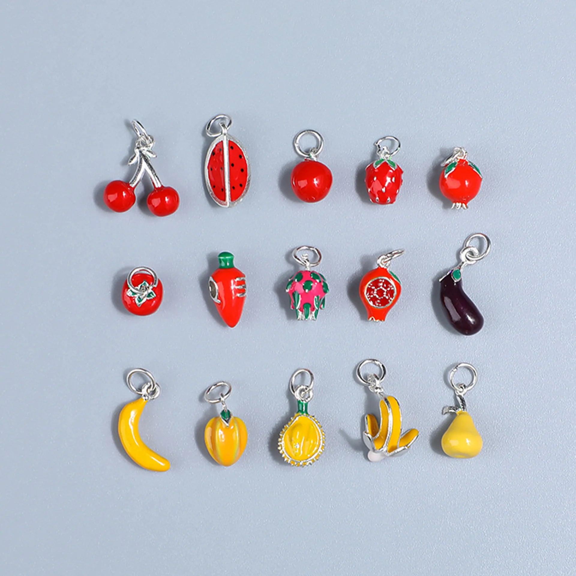 Pitaya Eggplant Pomegranate Tomato Cherry Strawberry Enamel Fruit Pendant 925 Sterling Silver Fruit Charm for Jewelry Making