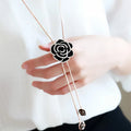 Elegant Adjustable Crystal Flower Necklace with Rhinestone Black Rose Long Sweater Chain Trendy Statement Jewelry for Weddings