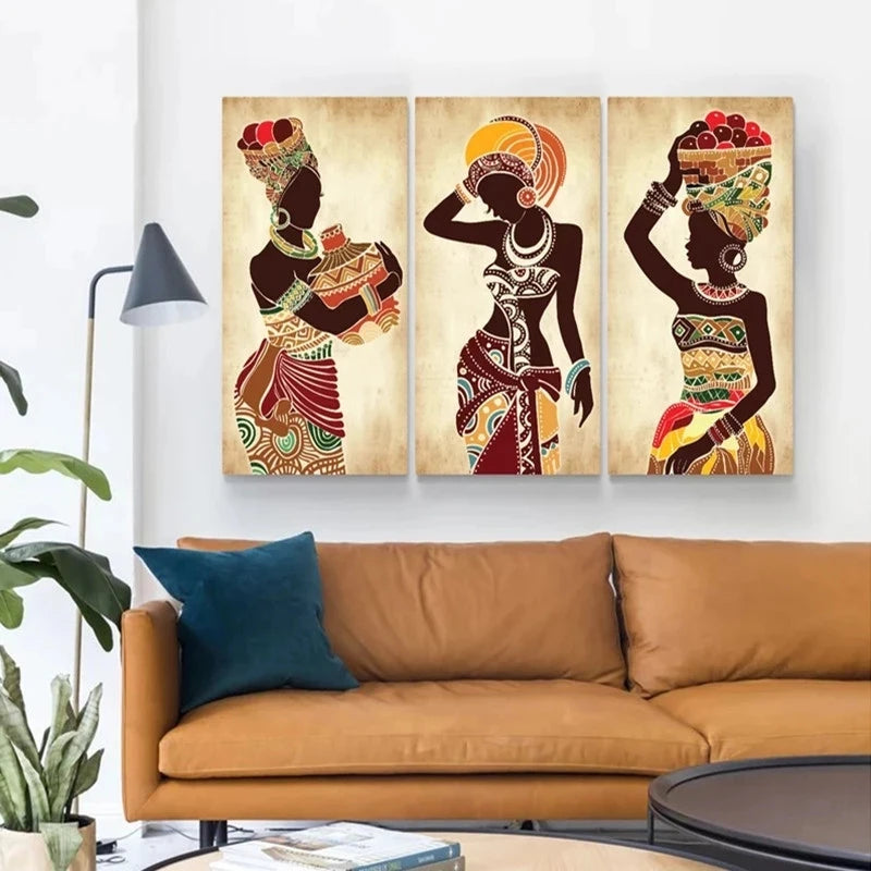 3pcs African Black Woman Canvas Painting Vintage Wall Art Figure Prints for Living Home Room Wall Decorative Pictures