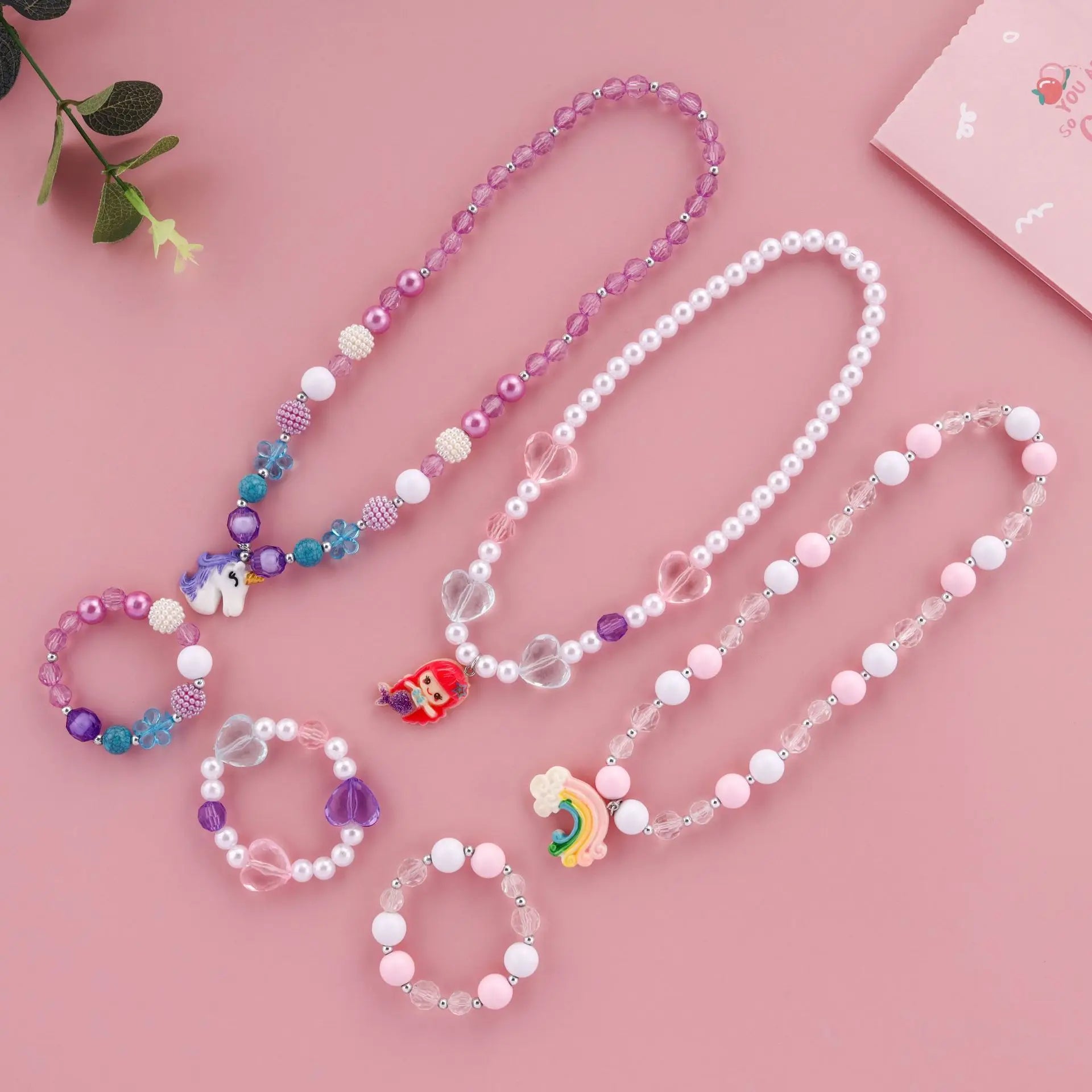 New Natural Pearl Handmade Acrylic Kid Accessory Set Fashion Bracelet Jewelry Unicorn Necklace Accessory Set