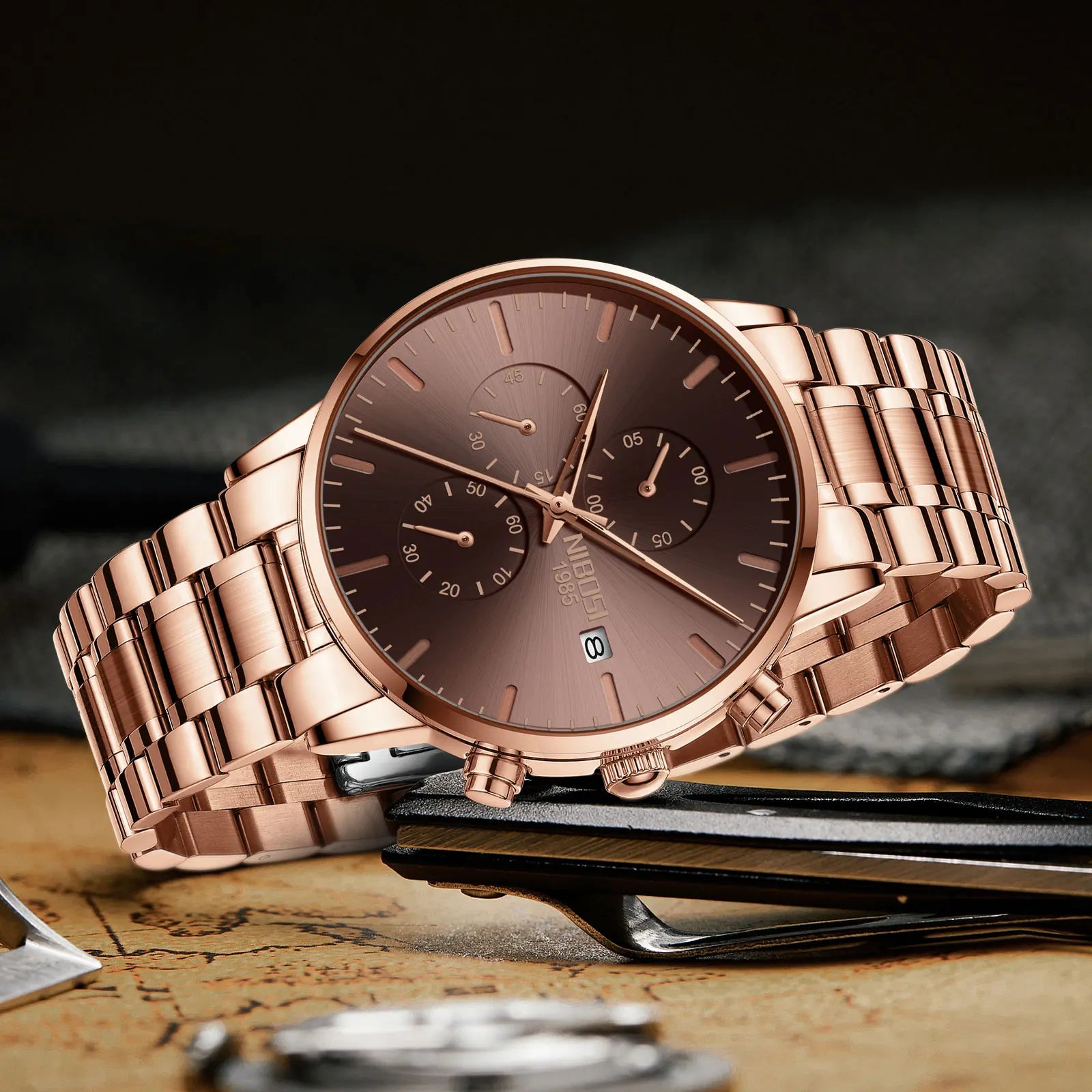 NIBOSI 2588 All Black Design Business Men Watch Luminous Wristwatches 3 Small Dials Working Stainless Steel Quartz Watches