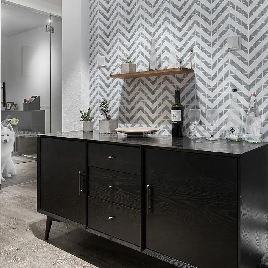 2" Gray White Triangle Geometric Chevron Ceramic Mosaic Tiles for Bathroom Floor Interior Living Room Wall Kitchen Backsplash