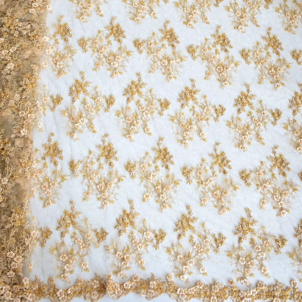 HY0673 Top Handmade Pearls Gold Lace Trim Applique Wedding Lace Fabric Embroidery for Nigerian Party