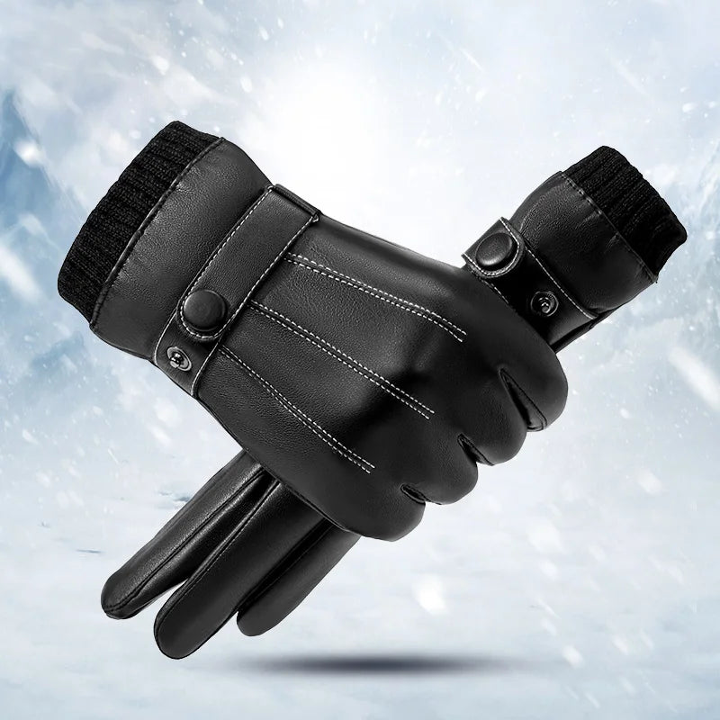 Cheap Winter Black Button Waterproof Mittens Touch Screen PU Leather Gloves for Men