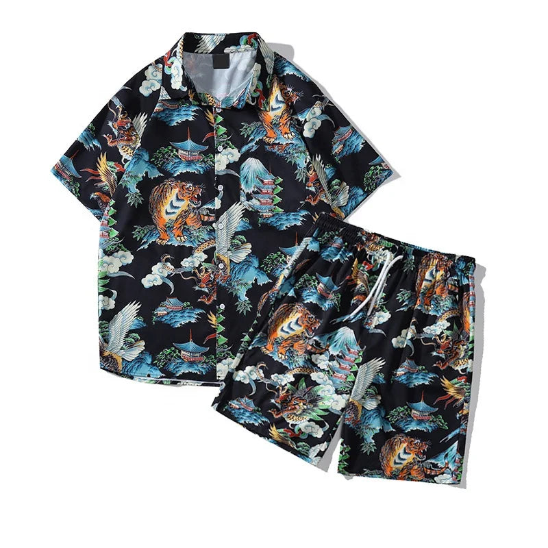 Cut and Sew Custom Breathable Mens Spring Summer Print Casual Hawaiian Beach 2 Pieces Buttoned Shirts Shorts Set