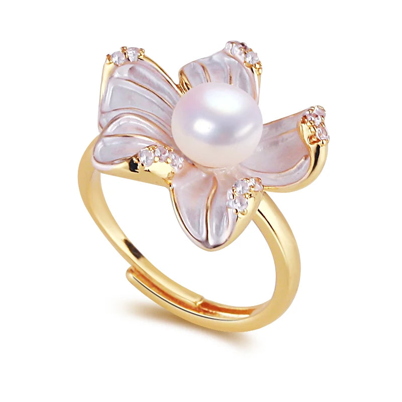 Hot Sale Flower Ring Jewelry 18K Gold Plated Natural Freshwater Pearl Ring for Women