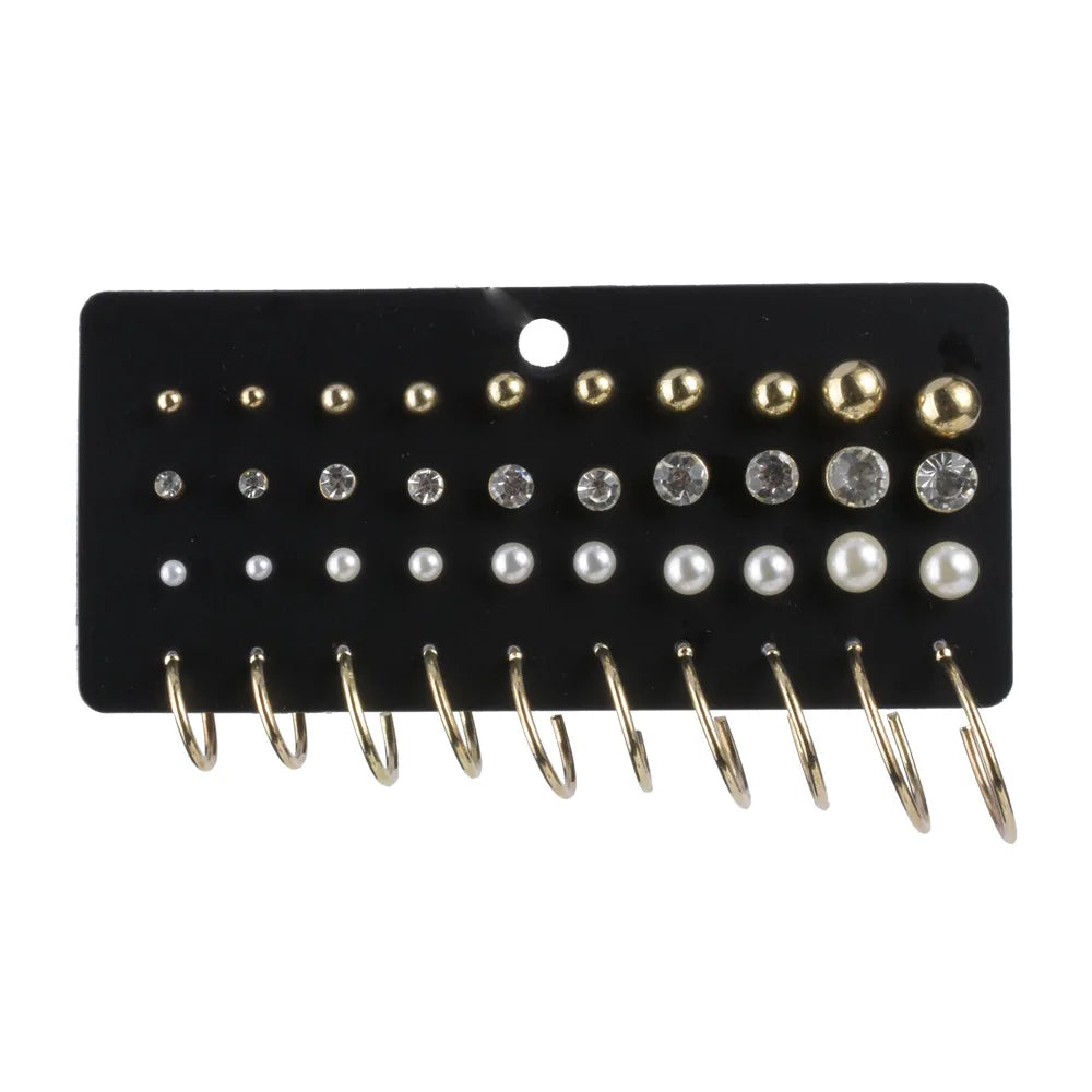 Alloy Pearl Women's Earrings Wholesale 20 Pairs of Pearl Rhinestone Combination Stud Earrings Set