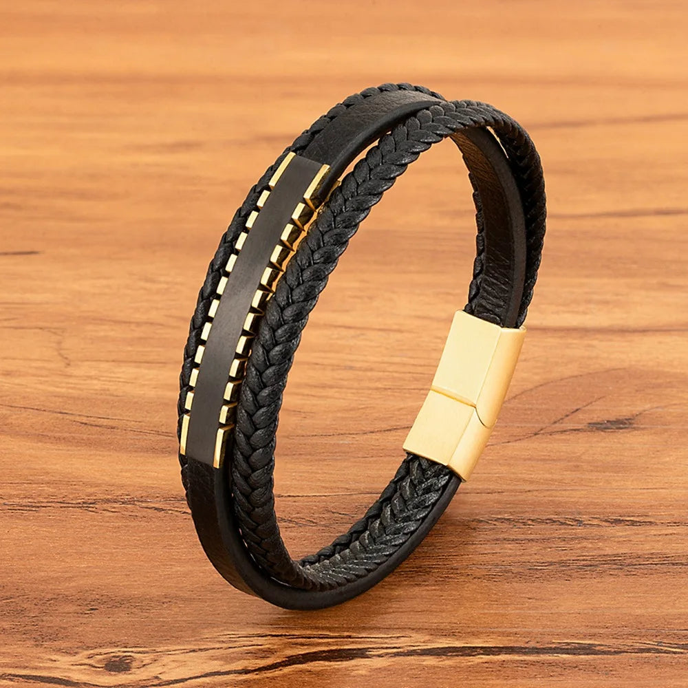 Handmade Genuine Woven Leather Bracelets Men Stainless Steel Multilayer Braided Rope Bracelets for Male Female Bracelets Jewelry