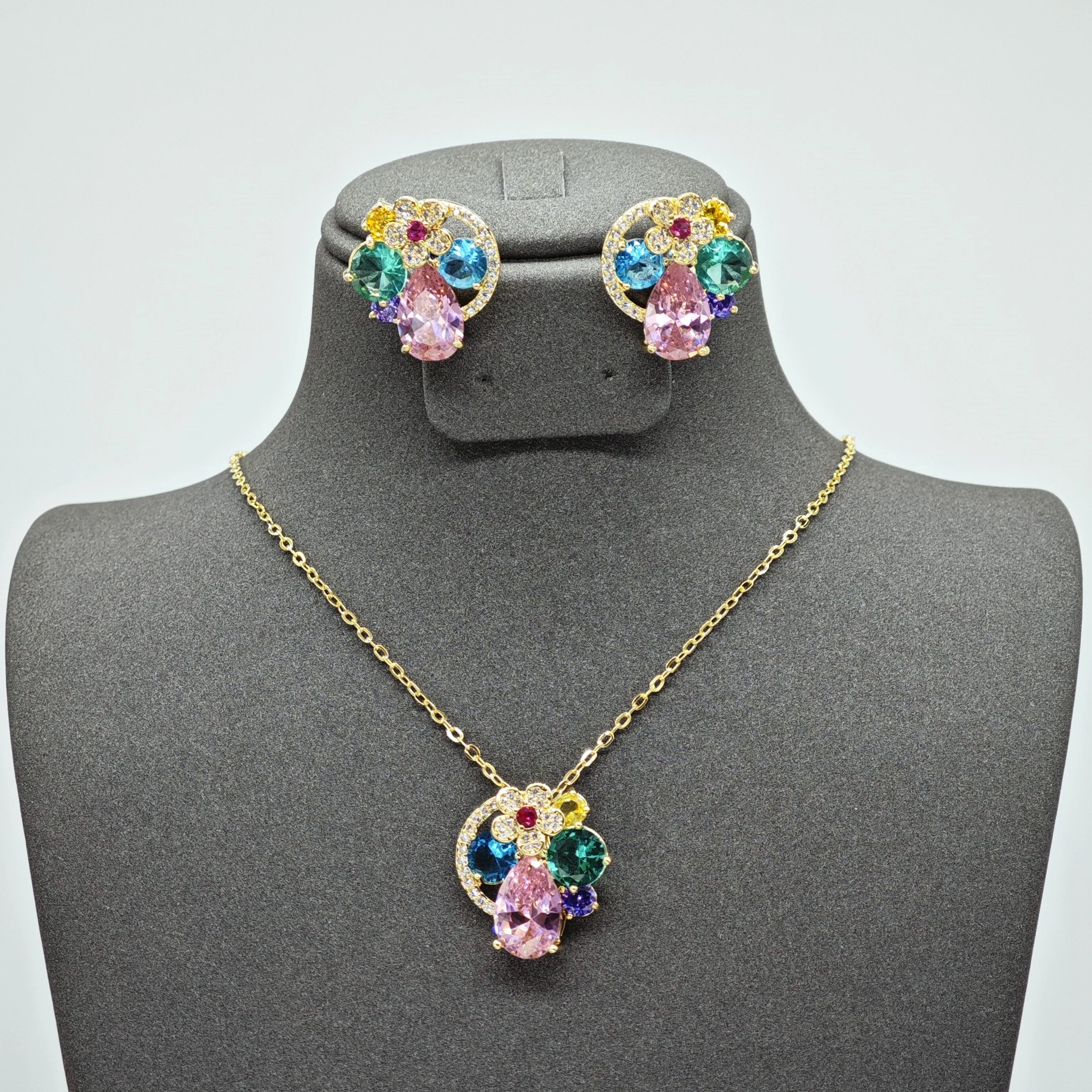 Colorful Exquisite 18K Gold & Copper Zircon Stud Earrings Necklace Fashion Jewelry Sets for Wedding Party and Gift for Women
