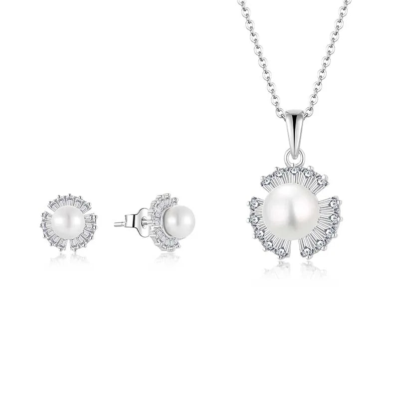 QX CUSTOM OEM Women Luxury 925 Sterling Silver Pearl Earrings Necklaces Fine Cubic Zircon Jewelry Jewelry Set Woman Gift