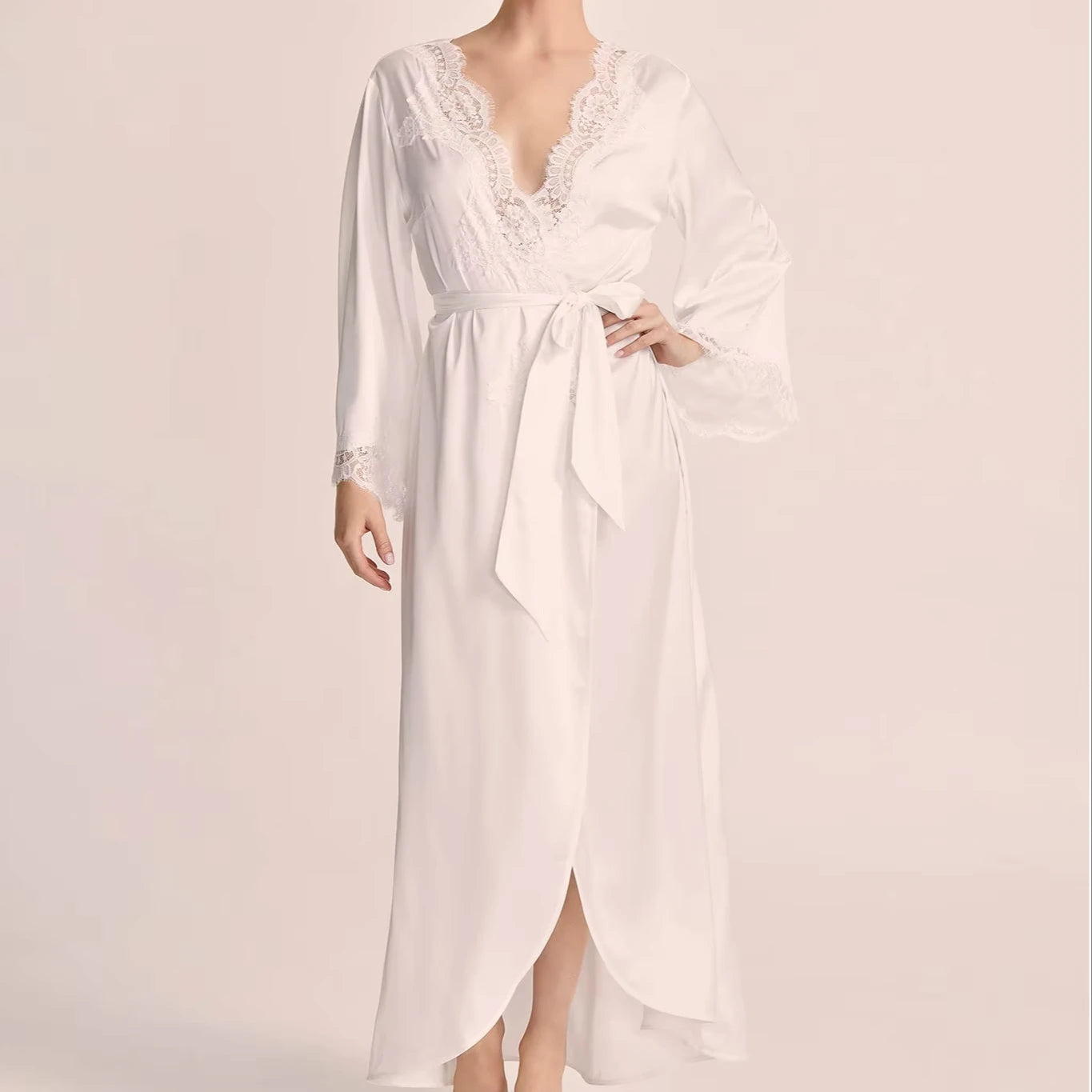 8282 Women Long Satin Robe Lace Trim Kimono Dressing Gown Silk Bridal/Bridesmaid Robe