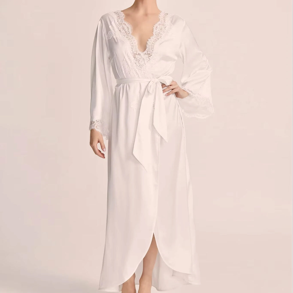 8282 Women Long Satin Robe Lace Trim Kimono Dressing Gown Silk Bridal/Bridesmaid Robe