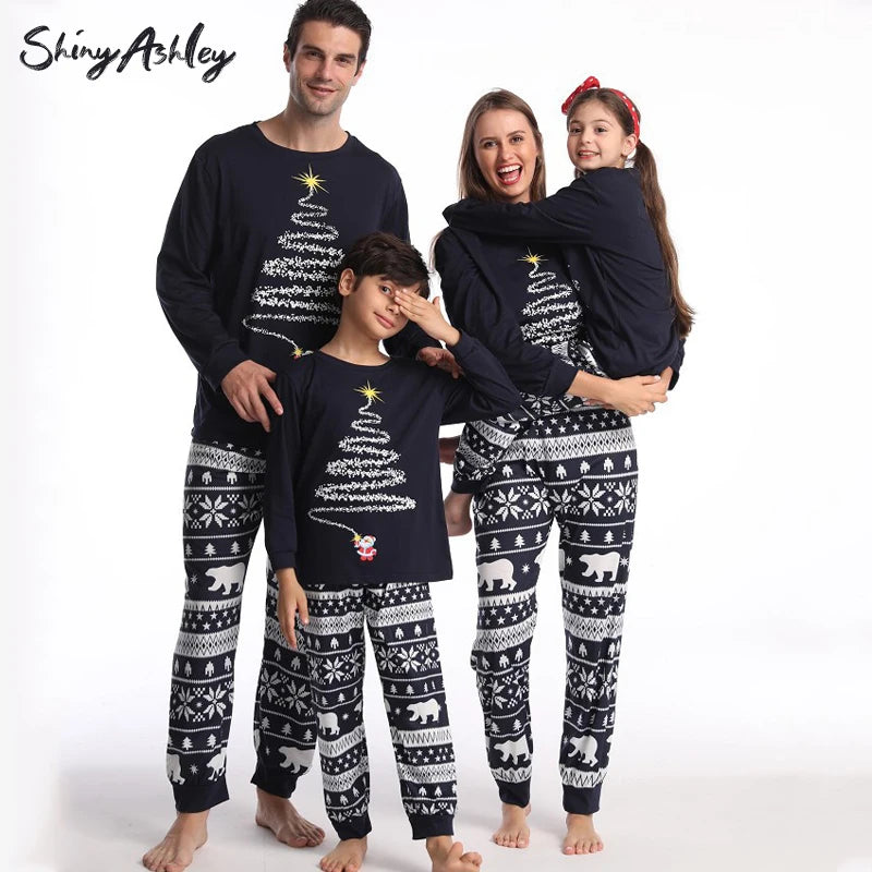 RTS 2023 Christmas Tree Printing Sleepwear Long Sleeve Couple Pajamas Family Loungewear Christmas Pyjamas Family