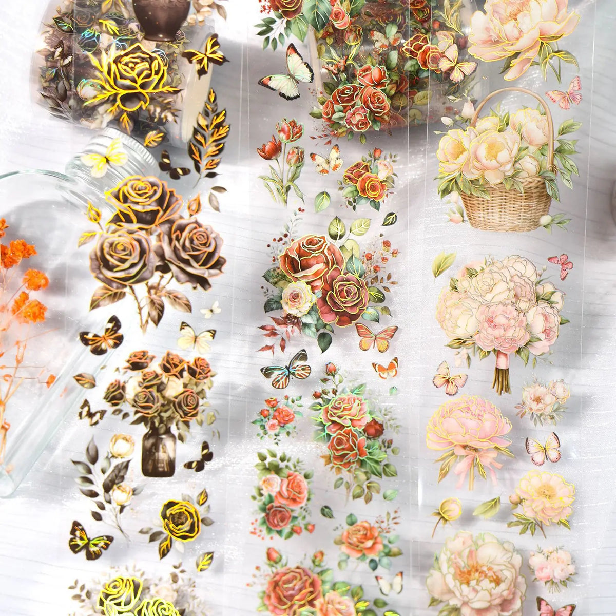 Vintage Hot Stamping PET Handbook Tape Material 1Roll Waterproof Rubber 'Listening Flowers Series' Decorative Collage Masking MegaBDM