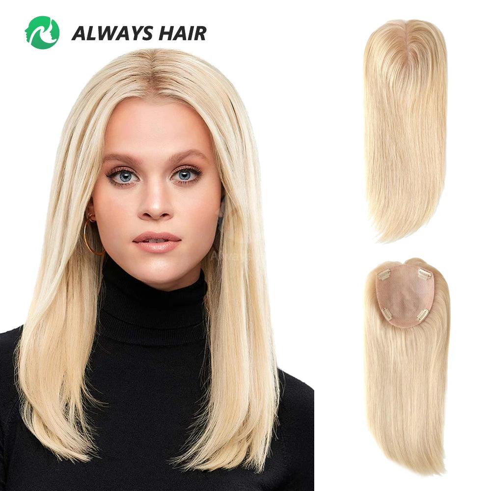 Human Hair Virgin Remy Toupee Silk Base Closure 16" Natural Straight Free Style Topper