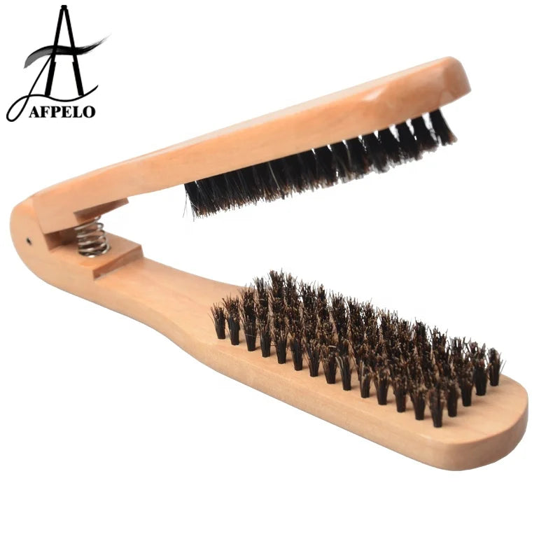 V Shape Folding Hairdressing Straight Hair Splint Comb Wooden Boar Bristle Hair Brush