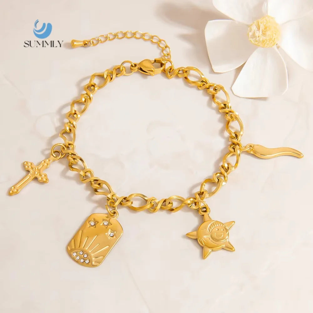 SUMMLY Vintage Wholesale Classic Sun Charm Pendant 18K Gold Plated Stainless Steel Chain Bracelet Fashion Jewelry