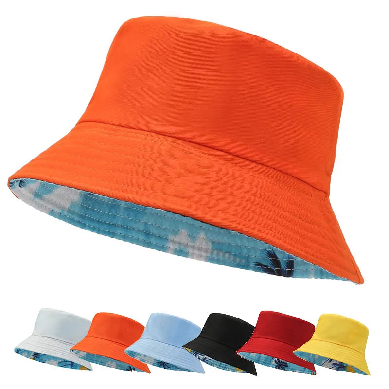 New Custom Embroidery Logo Reversible Double-Side-Wear Print Bucket Hats Solid Color Cotton Beach Fisherman Hats