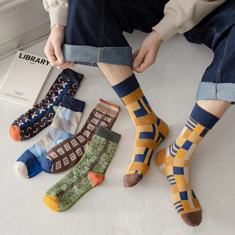 Wholesale Stylish Geometric Patchwork Patterned Socks Fashion Cotton Crew Socks for Men