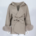 OFTBUY 2023 Real Fur Coat Winter Jacket Women Natural Fox Fur Cuffs Belt Cashmere Wool Woolen Loose Ladies Outerwear Streetwear