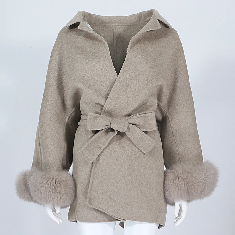OFTBUY 2023 Real Fur Coat Winter Jacket Women Natural Fox Fur Cuffs Belt Cashmere Wool Woolen Loose Ladies Outerwear Streetwear