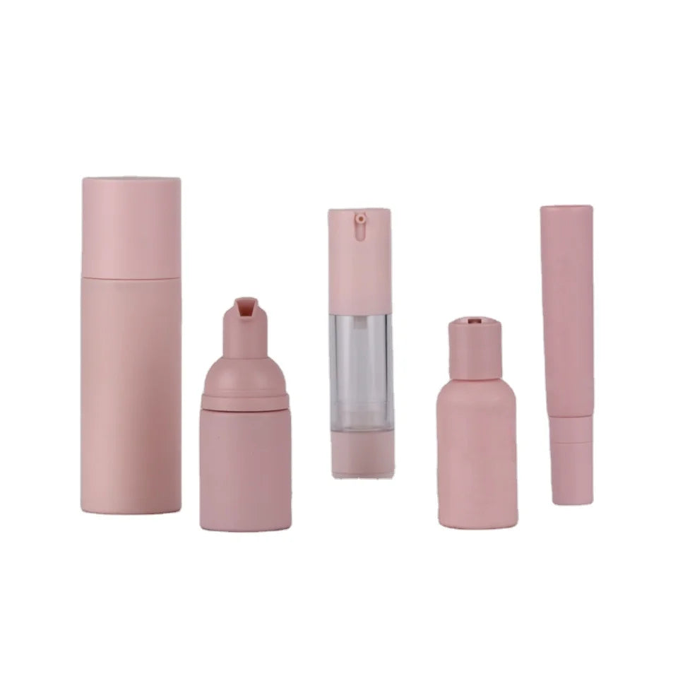 Luxury Custom Pink Foam Flip Cap Lotion Pump PET Plastic Tube and Bottle Set for Skin Care Serum Face Masks Cosmetic Packaging