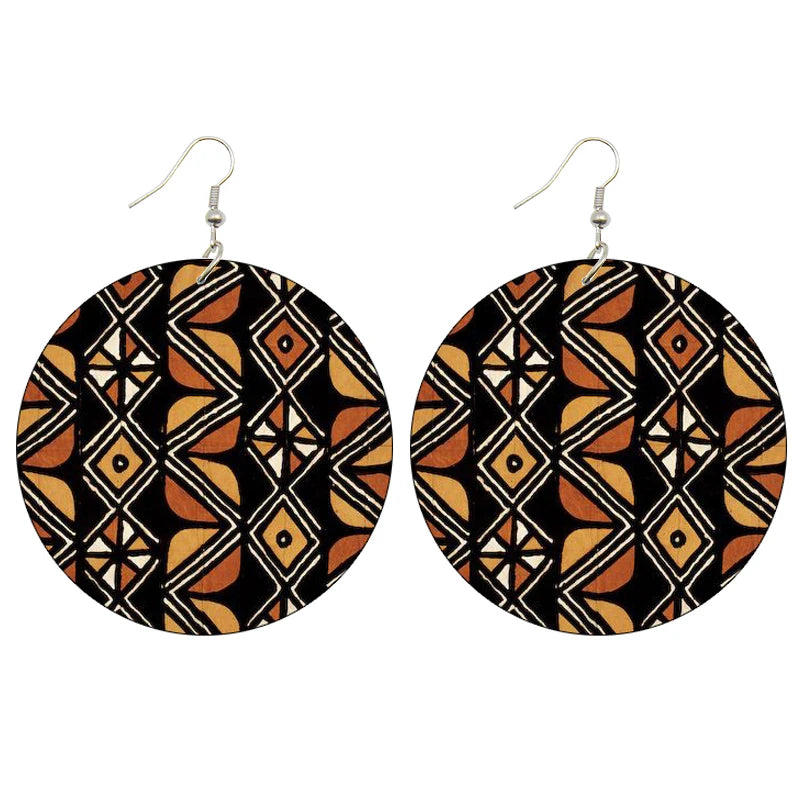 Vintage Afro Fabric Design Printed Wooden Drop Earrings Polynesian African Bohemian Pattern Loops Women Dangle Earrings