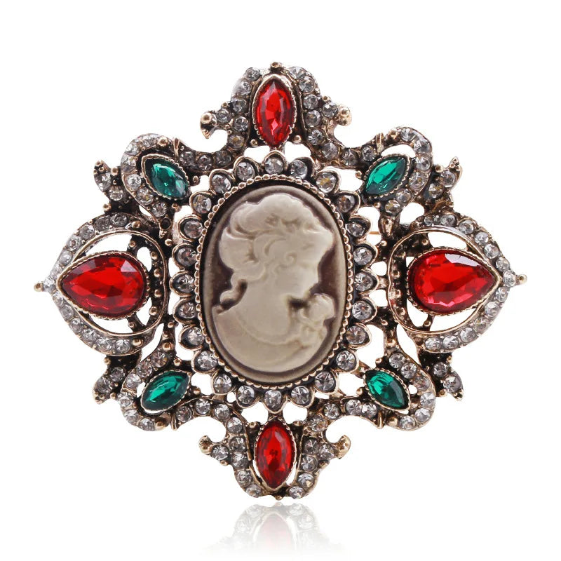 Retro Palace Beauty Head Brooch Crystal Gem Brooch Women Jewelry Accessories Rhinestone Cameo Brooch Pin