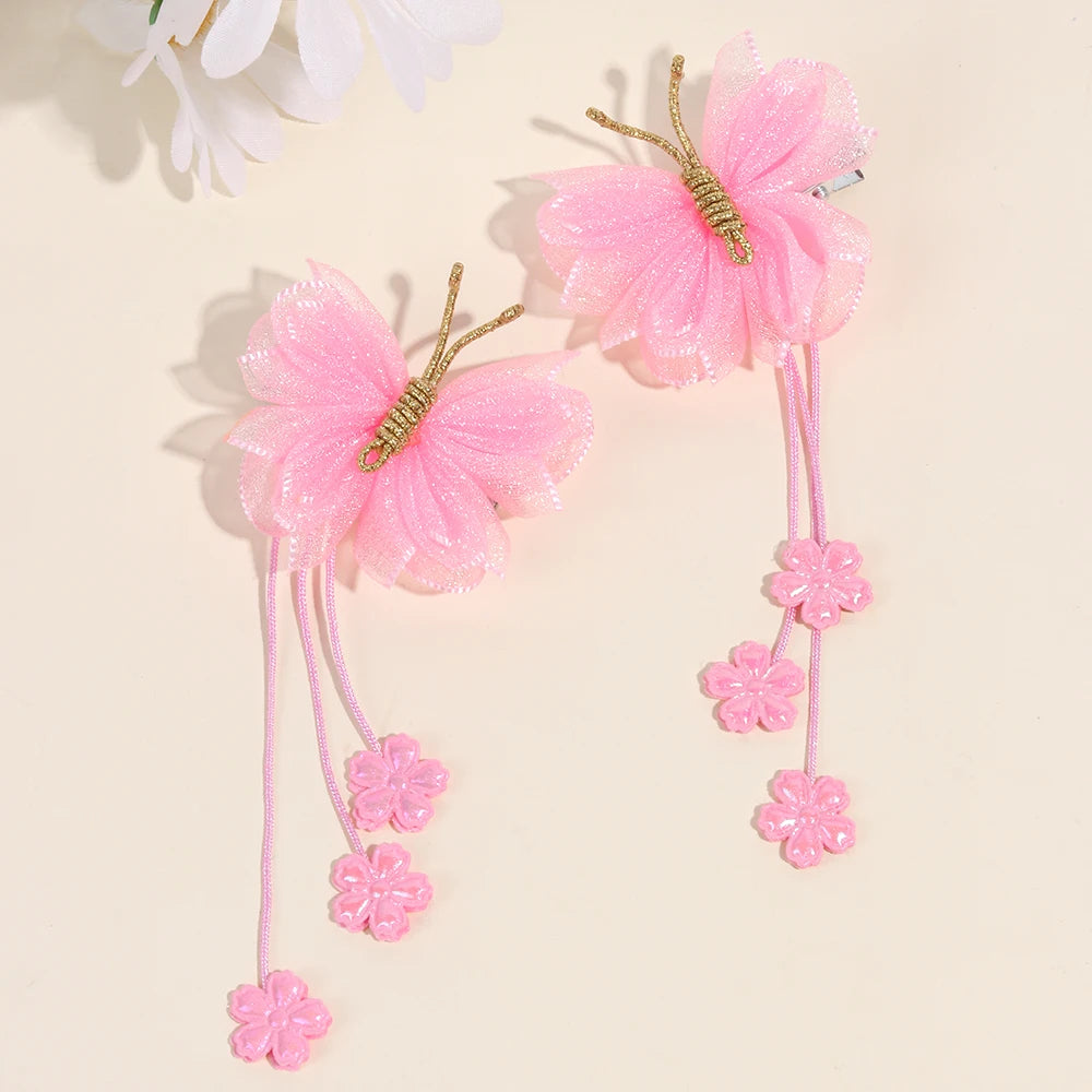 CN 2Pcs Organza Barrette Butterfly Hair Pins Flower Tassel Clip for Girls Tulle Hair Clip for Girls